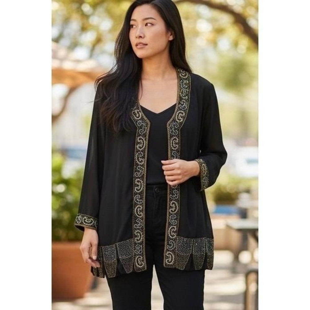 Midnight Velvet Beaded Cardigan Womens 3X Black Gold Sheer Evening Jacket